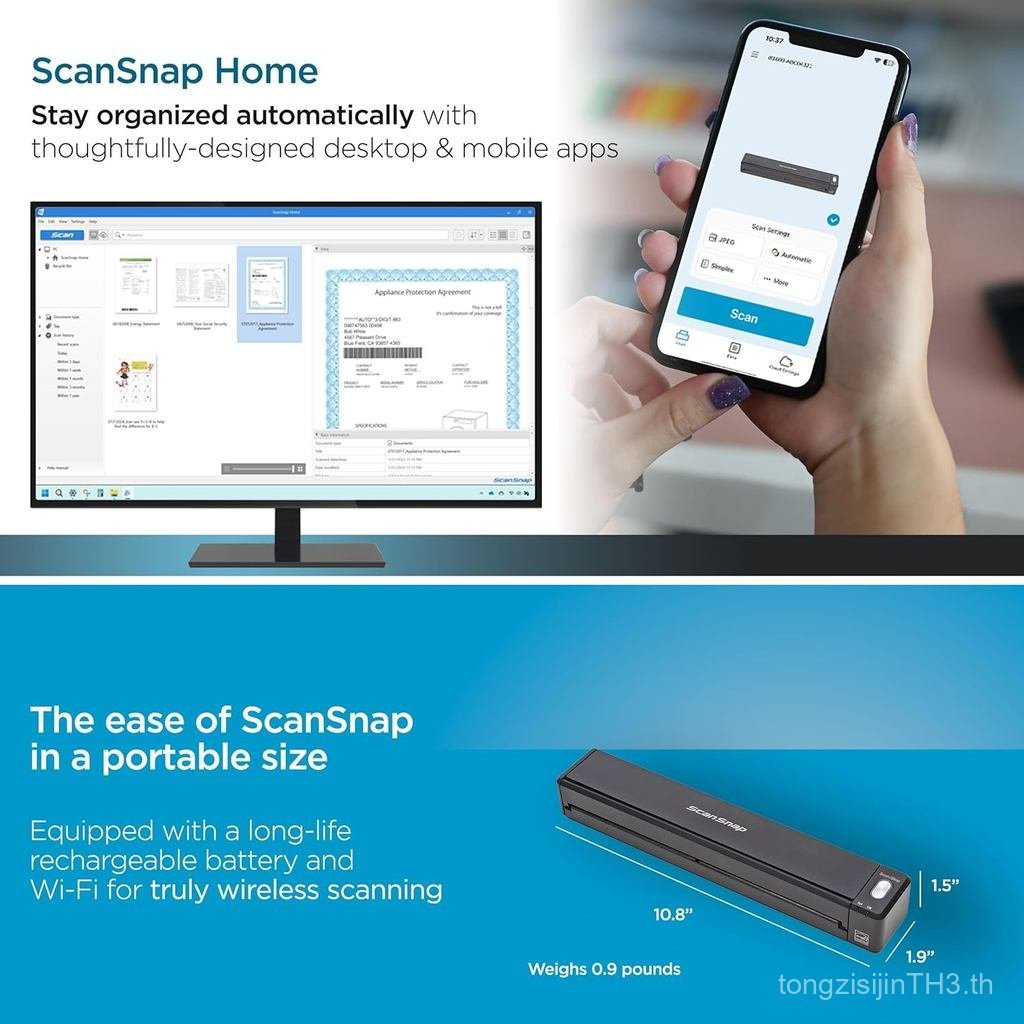 ScanSnap iX100 Wireless Mobile Portable Scanner สําหรับ Mac หรือ PC สีดํา
