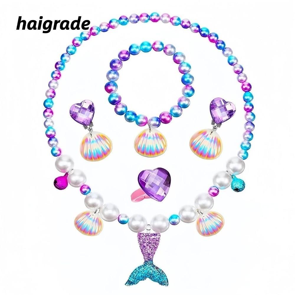 ชุดต่างหูสร้อยข้อมือสร้อยคอ HAIGRADE, จี้ลูกปัดสไตล์หวานสร้อยคอแหวนโซ่มือ, ชุดเครื่องประดับเจ้าหญิงลูกปัดมุกเปลือกหอยแฟชั่นสําหรับเด็ก