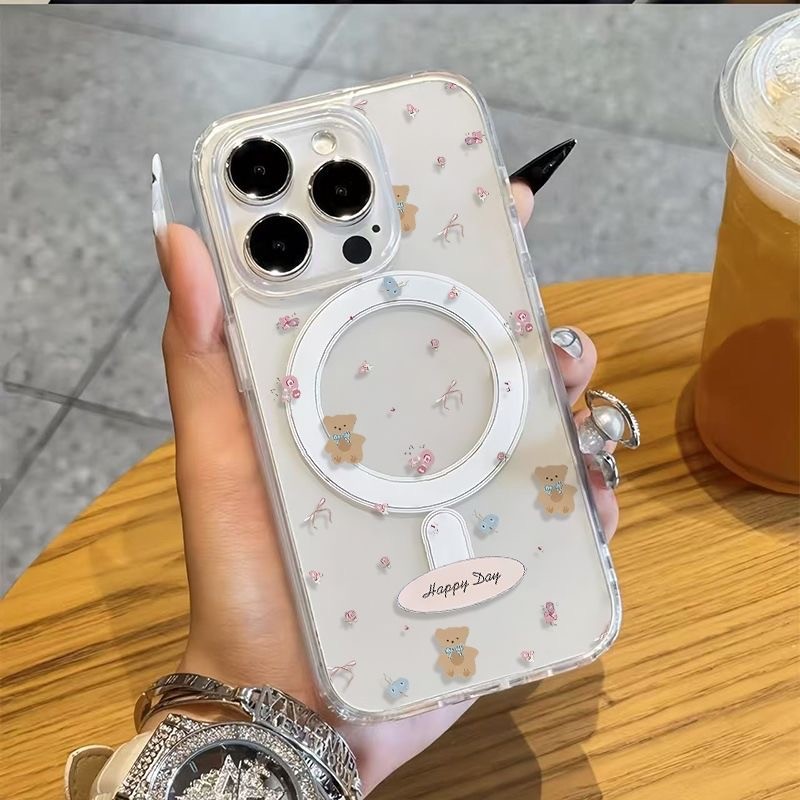 เคสโทรศัพท์แม่เหล็กรูปหมีน่ารัก ใช้ได้กับ iPhone 17/16/15/14 Pro Max/13 Pro/12/11 คุณภาพสูง ป้องกันการตกกระแทกได้ดี