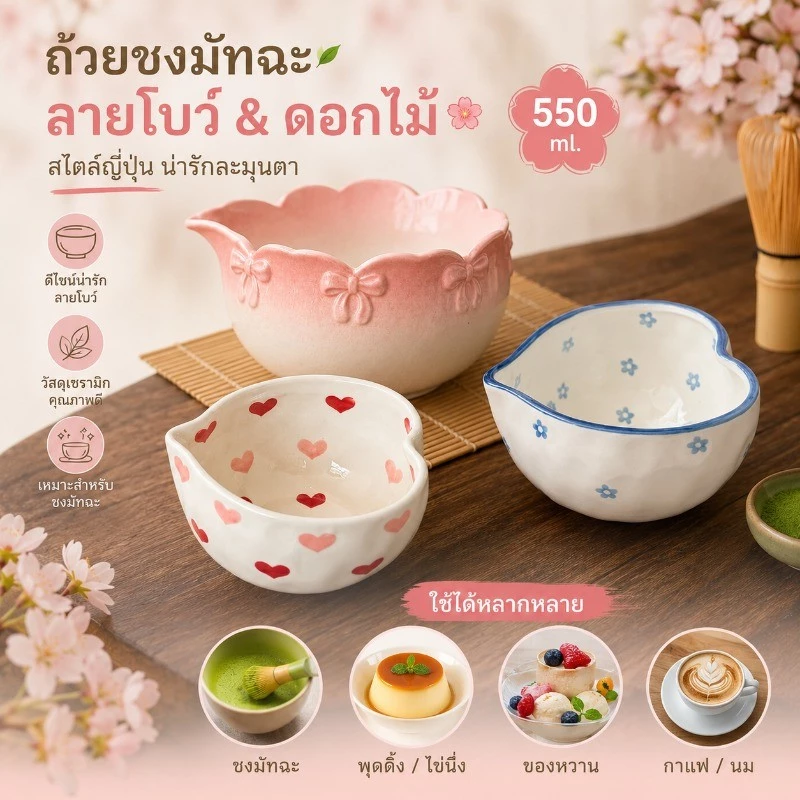 ถ้วยชงมัทฉะ สีดอกซากุระ ถ้วยชงชา chawan matcha 550ml พุดดิ้งไข่นึ่ง ชงชา ชามขนมหวานถ้วยกาแฟนม