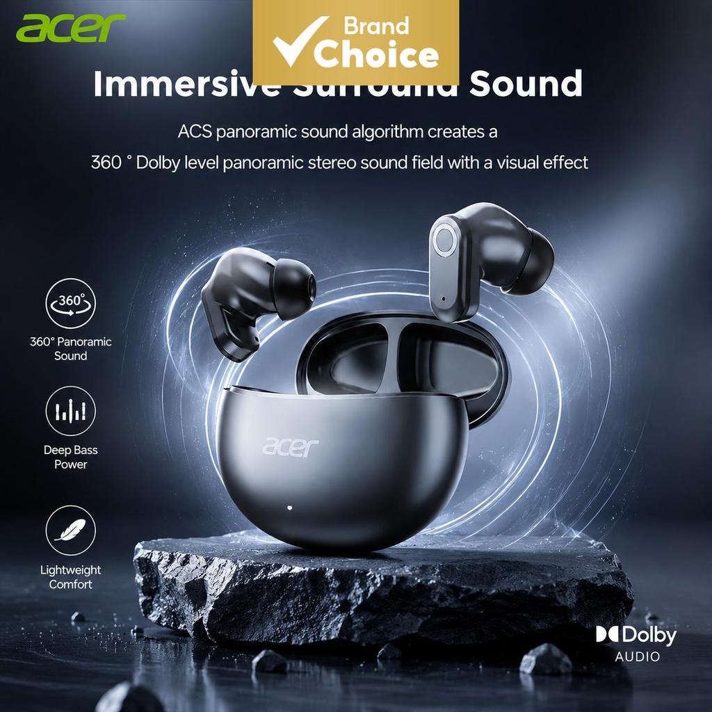 Acer OHR627 Beige Pro หูฟัง TWS หูฟังไร้สายหูฟังบลูทูธ ENC ลดเสียงรบกวนชุดหูฟัง 3D เสียงรอบทิศทางเชิงพื้นที่ HiFi Deep Bass Gaming Type-C ชาร์จ