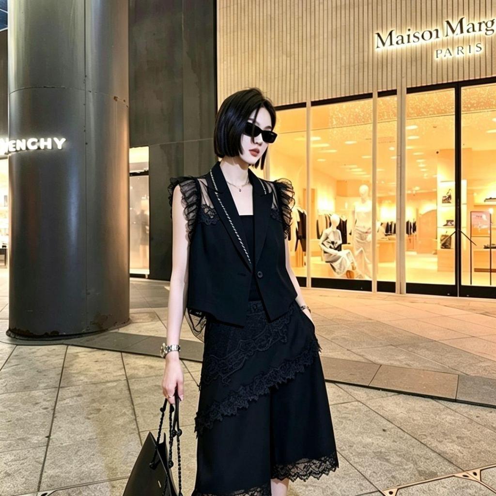 [จํากัดเวลา Seckill] Clearance Leak-Picking Gauze Lace Suit Vest Stitching Summer New Style Black Design Fashion Classy Jacket