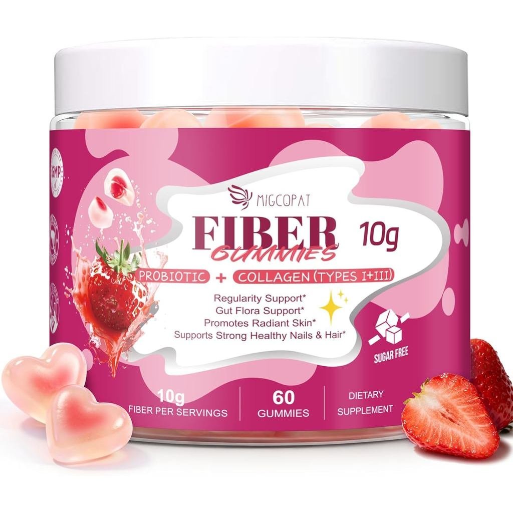 Migcotat 10G Fiber Gummies พร้อมคอลลาเจนเปปไทด์, กรดไฮยาลูโรนิก, วิตามินซี, ACV, 30 Billion CFU โปรไ