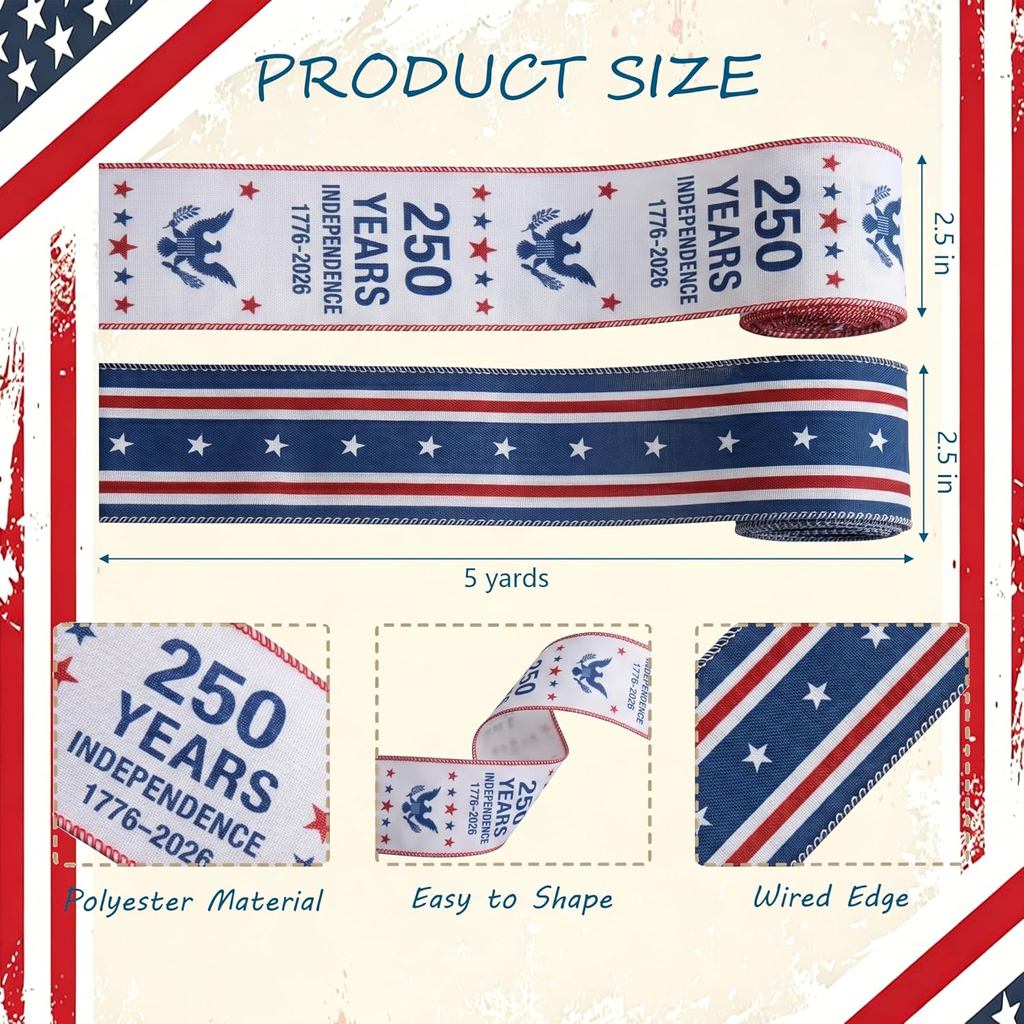 2 ม้วน 10 หลา USA 250th Anniversary Patriotic Wired Edge Ribbon, 4th of July Stripes & Star Freedom 