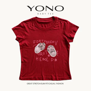 (พร้อมส่ง24ชม.) YONO baby tee สีชมพู ลายอุ้งเท้าสีเทากับดาว ทรงเข้ารูป สไตล์เกาหลี y2k