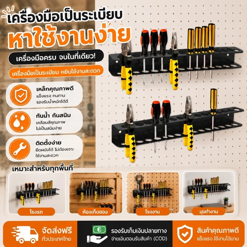 COD ที่วางไขควงติดผนัง 2PCS เหล็ก เคลือบป้องกันสนิม ติดผนัง ชั้นวางเครื่องมือ คีมจัดเก็บแร็ค