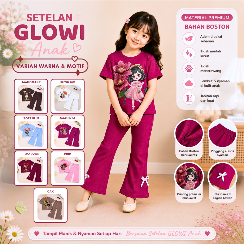 Alisa - ชุดเด็ก Glowi พร้อม DTF Floral Motif / Fashion Oneset for Girls Short Sleeve Top and Long Pa