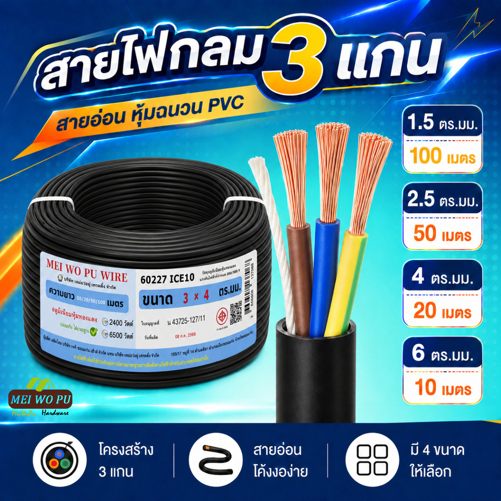 สายไฟกลม 3 แกน ตัวนำ CCA หุ้มฉนวน PVC สีดำ มีเชือกรับแรงดึง ขนาด 1.5 2.5 4 6 ตร มม หลายความยาว