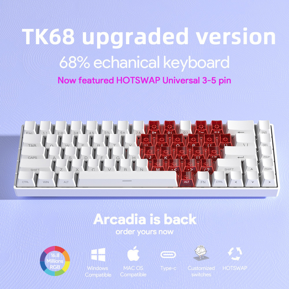 TK68 คีย์บอร์ดแบบกลไก RGB คีย์บอร์ดแยกแกนสีฟ้าที่กําหนดเองคอมพิวเตอร์เกมเล่นเกมภายนอกคีย์บอร์ดแบบมีส