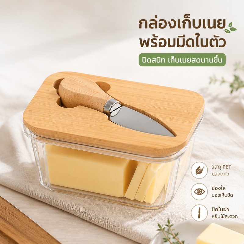 COD กล่องเก็บเนยฝาไม้ไผ่ วัสดุ PET พร้อมมีดทาเนยสแตนเลส ซีลแน่น กันกลิ่น ดีไซน์ญี่ปุ่น หลายขนาด