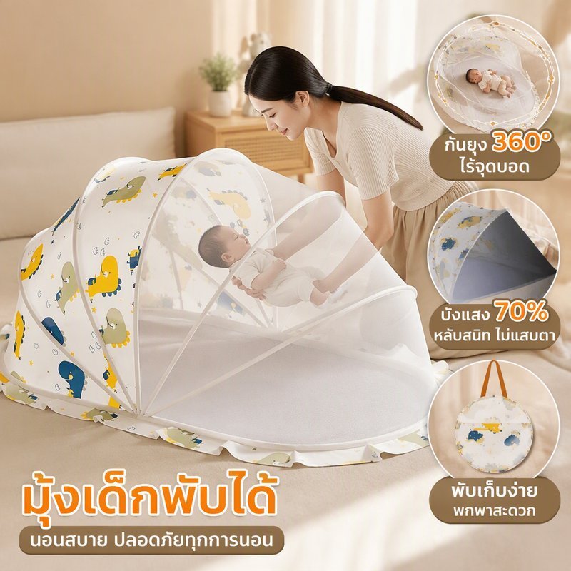 มุ้งกันยุงเด็กแบบพกพาพับเก็บได้หลังคาร่มเงาระบายอากาศ360ป้องกันการเดินทางบ้าน