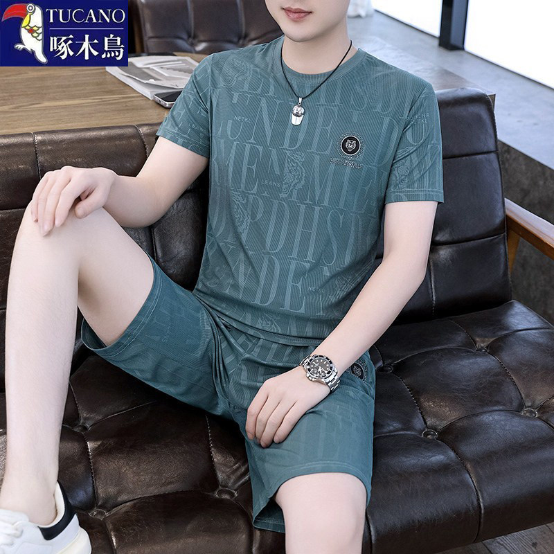 啄木鸟夏季男士睡衣冰丝短袖大码套装圆领外穿夏宽松休闲家居服Woodpecker summer men’s ice-silk short-sleeve sleepwear, plus sizedsg99
