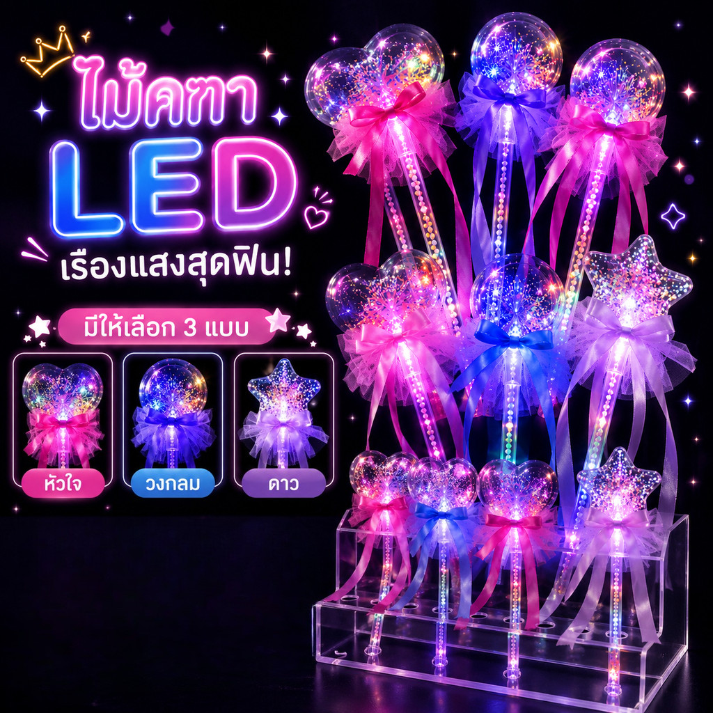 พร้อมส่ง ไม้คทาเรืองแสง ไม้คฑามีไฟ รูปดาวหัวใจ คฑา ของเล่น LED แท่งไฟ ไฟตกแต่ง สวยงาม ไฟกระพริบ กระบอง (ประกอบเอง) GL1-4