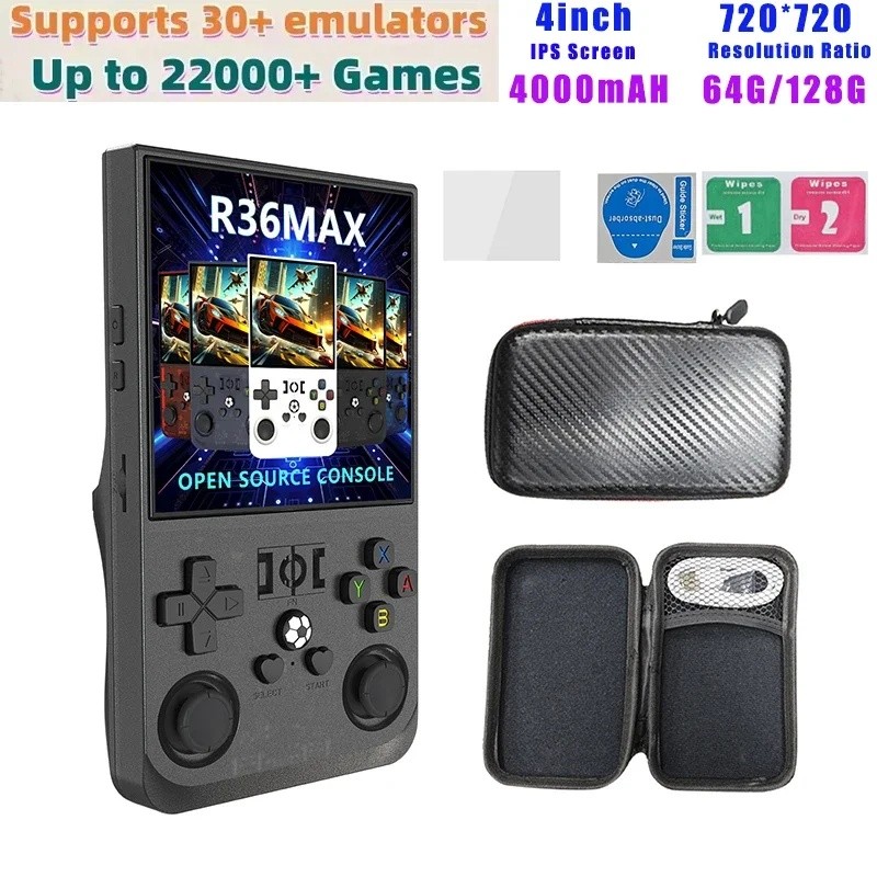 R36 Max คอนโซล 4 นิ้วหน้าจอ IPS เครื่องเล่นเกมมือถือคอนโซลเปิดเครื่องเล่นวิดีโอกระเป๋า Retro 64G/128