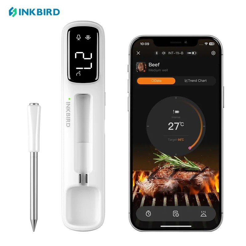 H8NQ INKBIRD INT-11I-B เครื่องวัดอุณหภูมิเนื้อไร้สายขนาดเล็ก บลูทูธ 5.4 1000ft, การตอบสนอง 1s, IP67,