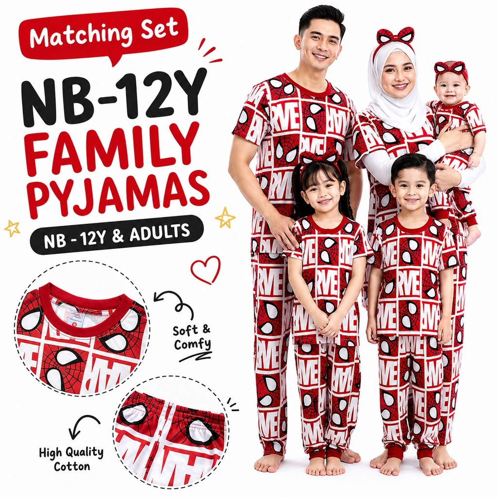 (NB-Adult) OBW RED BOX MAR-VEL ชุดนอนผ้าฝ้ายเด็ก Sedondondon Pyjama Baju Budak Tidur Bayi Family Set