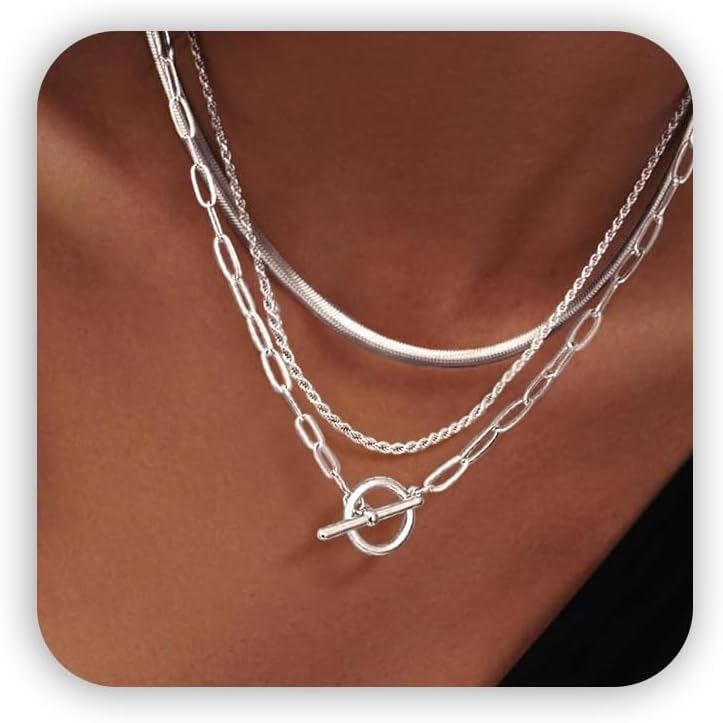 ชุดสร้อยคอชั้นสําหรับผู้หญิง, 3 ชิ้น Dainty Stackable สร้อยคองูโซ่เชือก Paperclip Chain & OT Toggle 