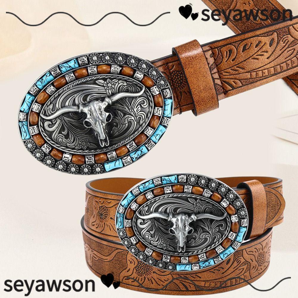 SEYAWSON Buckle Belt, Vintage PU Leather Mens Western Cowboy Belt, Retro Bull Pattern WideWaist Belt