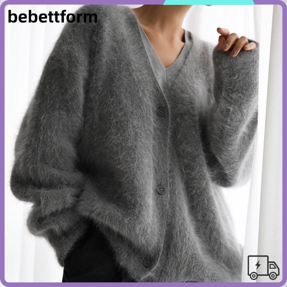 LUCKY V Neck cardigan, Fuzzy Knit Button Front Fuzzy Cardigan, V Neck Long Sleeve Warm Button Front 