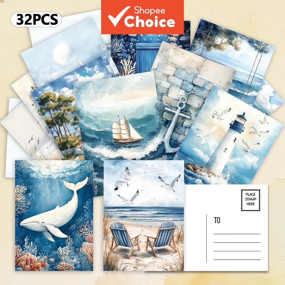No ยี่ห้อ 32 ชิ้น Blue Ocean Scenery โปสการ์ดสมุดภาพ Journal ตกแต่งห้องหนา Cardstock ชุดของขวัญ