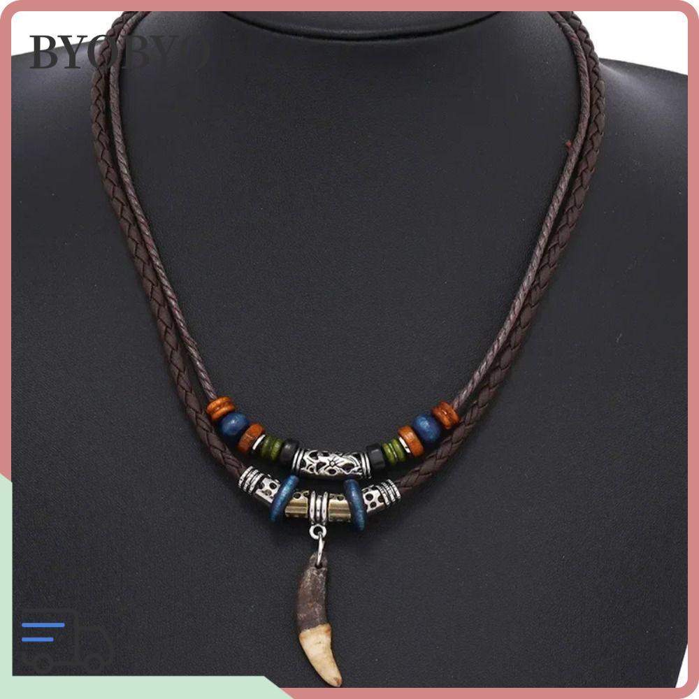 BYOBYO Weaved Praying Necklace, Weave Wolf Fang Vintage Wolf Tooth Pendant, Minimalist Handmade Vint
