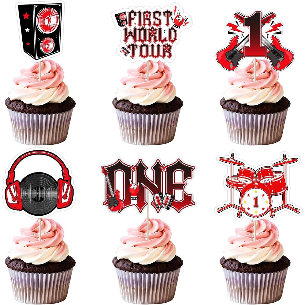 One Rocks 1st วันเกิดตกแต่ง 36 ชิ้น First World Tour Cupcake Toppers สีแดงสีดํา Rock และ Roll Born T
