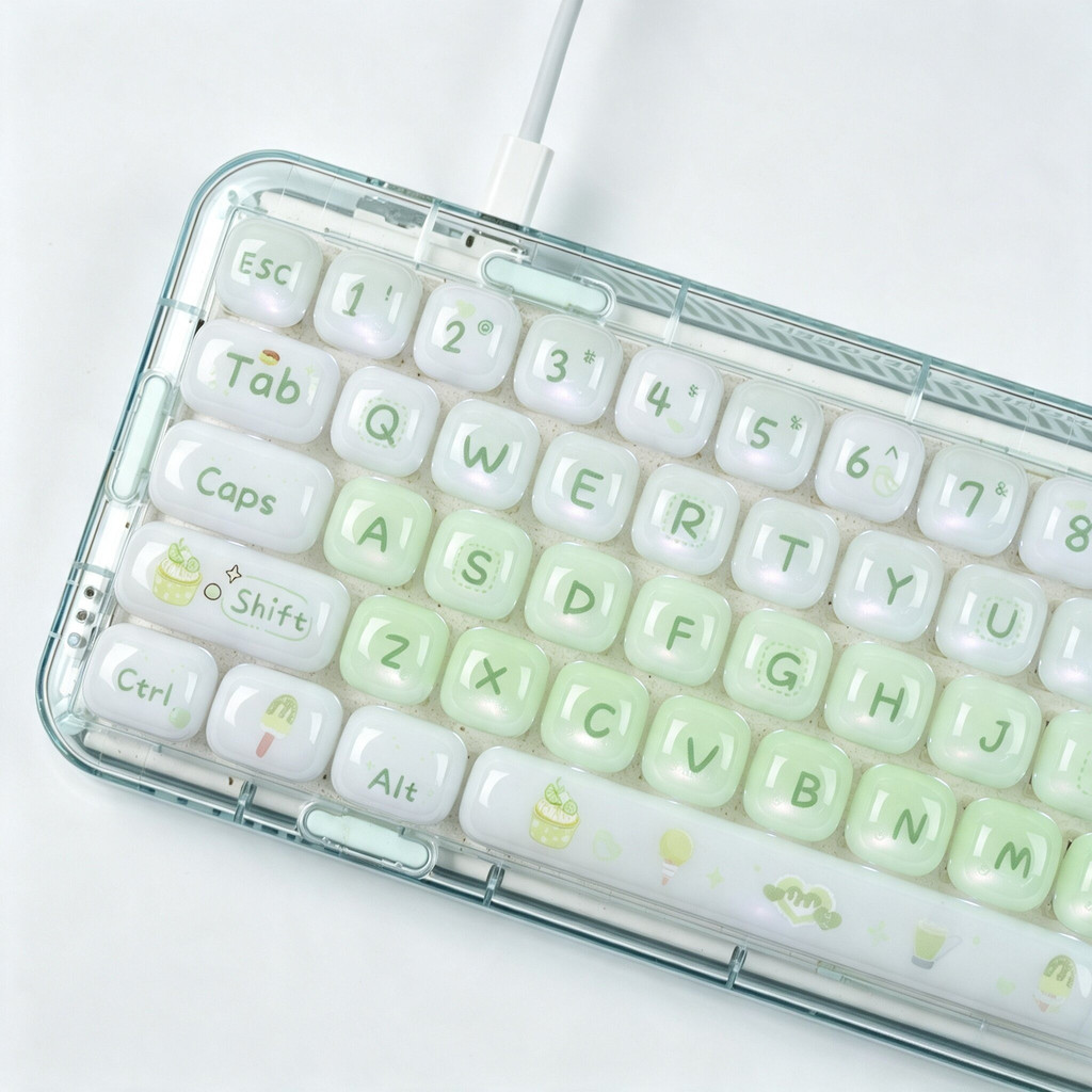 Jelly Custom สีขาวสีเขียว Keycap PBT MOG Profile Keycaps Dye-Sublimation โค้งมนน่ารัก Keycap ชุดสําหรับ 68 75 98 MX คีย์บอร์ดเล็บที่เป็นมิตร