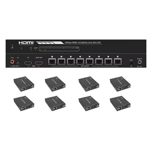 สินค้าคงคลังใหม่ HDMI 1X8 Splitter Extender 1 Input 8 Output Kit 2.0B HDMI Over Cat5e/6 up to 60m wi