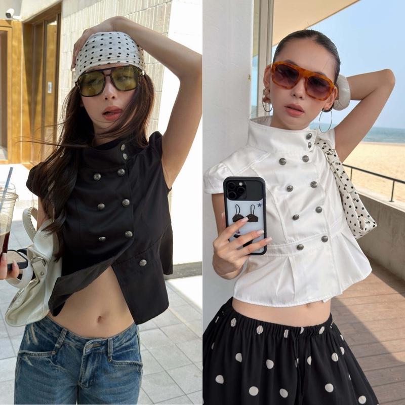 **พร้อมส่งS-XL**BY0638 เสื้อคอปีนแขนดอลลี่ แต่งกระดุมคู่ ผ้าใส่สบาย benly co
