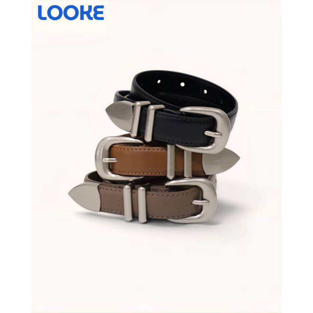 หนังแท้ แบรนด์LOOKE RL-716 เข็มขัดหนังแท้ หัวเข็มขัดสีเงิน หุ้มหนังทั้งเส้น
