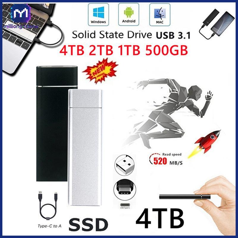 [ล้านgridnew] 4TB External SSD 1TB 2TB 500GB ฮาร์ดไดรฟ์โซลิดสเตตมือถือ USB 3.1 ภายนอก WQL