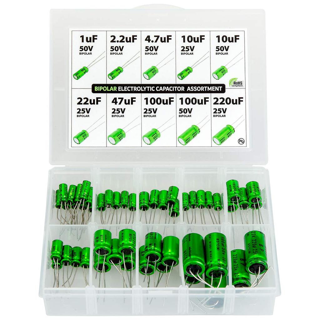 Bipolar (Non Polarized) BP NP Audio Electrolytic Capacitor Assortment Kit 50 ชิ้น 10 ค่า 25-50 โวลต์