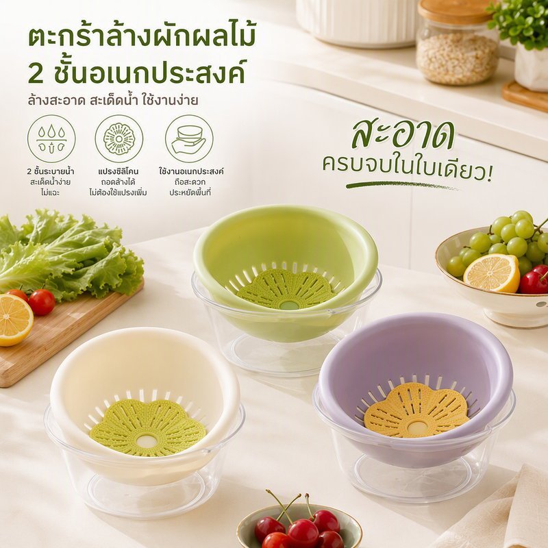 COD ตะกร้าล้างผักผลไม้ 2 ชั้น พร้อมแปรงซิลิโคนถอดได้ ชามล้างสะเด็ดน้ำ มีรูระบายน้ำ