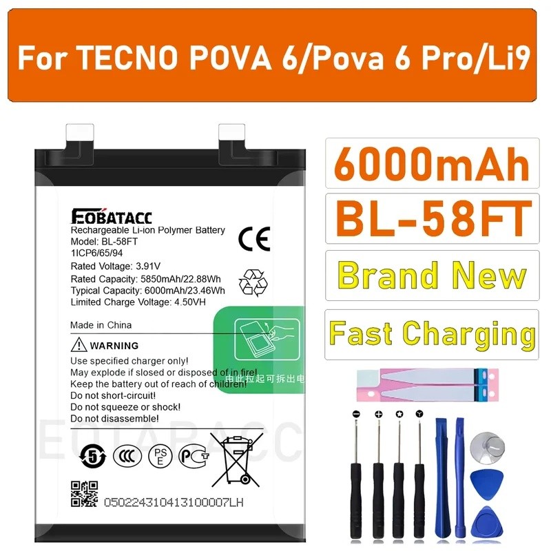 2025 ปี 6000mAh สําหรับ Tecno POVA 6/Pova 6 Pro/Li9 BL-58FT แบตเตอรี่ + เครื่องมือฟรี