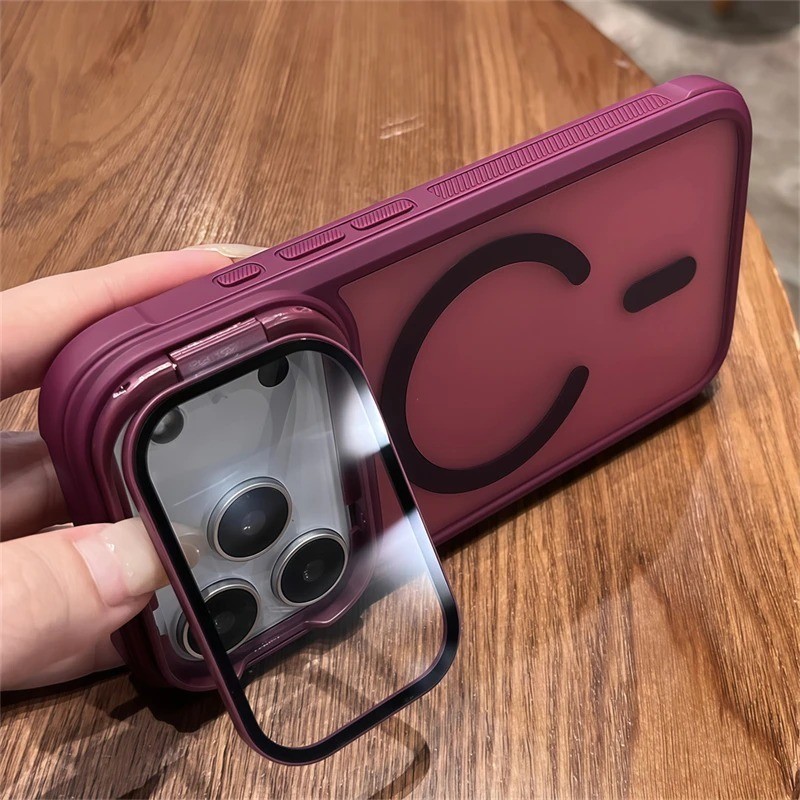 คลุมทั้งหมดเลนส์แก้ว Flim Matte เคสโทรศัพท์แม่เหล็กสําหรับ iPhone 17 16 15 14 13 12 11 Pro Max ขาตั้งในตัวปลอกกันกระแทกเป็นมิตรกับผิว Frosted Anti-Fingerprint ฝาหลัง