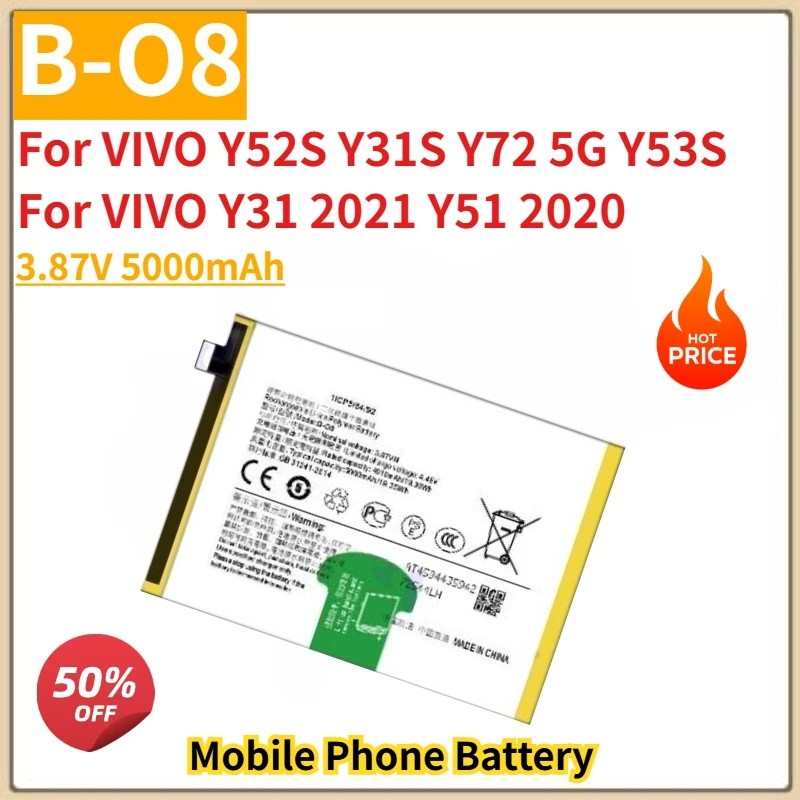 คุณภาพสูง B-O8 แบตเตอรี่ 3.87V 5000mAh สําหรับ VIVO Y52S Y31S Y72 5G Y53S สําหรับ VIVO Y31 2021 Y51 