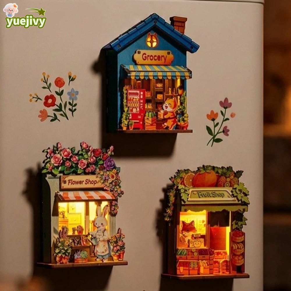 YUEJIPH DIY ไม้ Mini House, DIY Handcraft ตู้เย็นแม่เหล็ก DIY, ตกแต่งบ้านด้วยแสงสัตว์ Shop Mini Hous