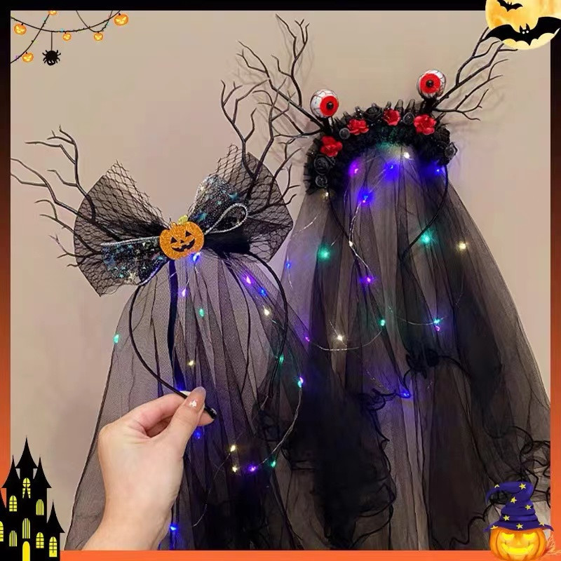 ฮาโลวีน Headwear Luminous ตลก Hairpin สีดํา Ins อุปกรณ์เสริมผมฟักทอง Photo Props แถบคาดศีรษะ COS Dre
