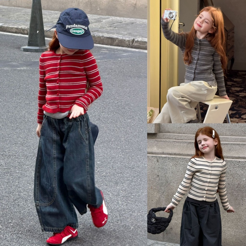 PRETTY BABY เสื้อแขนยาวเด็ก เสื้อไหมพรม ลายขวาง แฟชั่นเด็ก(2380)