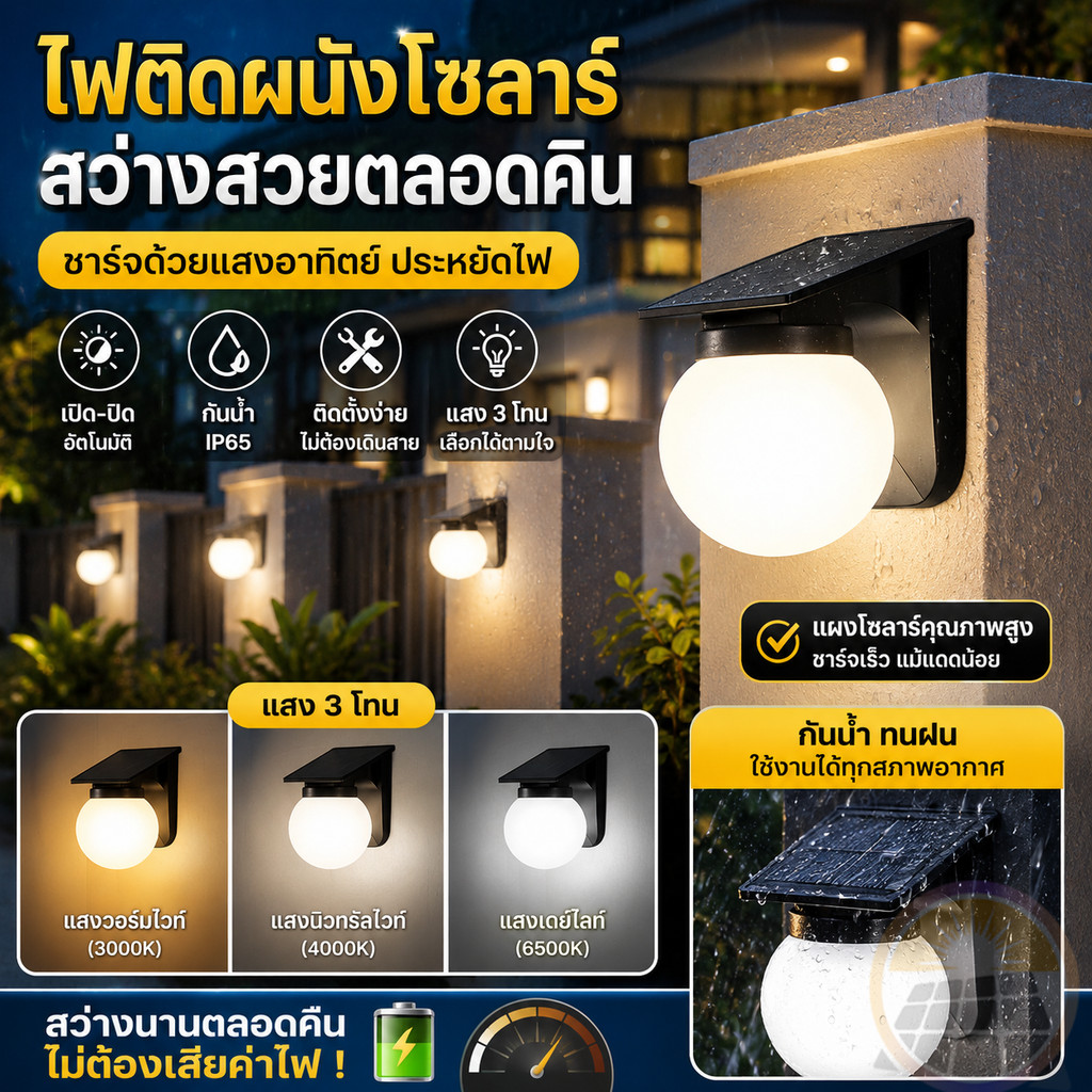 โคมไฟติดผนังโซล่าเซลล์ ไฟติดผนังกันน้ำฝน โคมไฟติดผนังโซล่าเซลล์ เปิดได้ 3 แสง ระบบสว่างค้าง กันน้ำกันฝนIP68