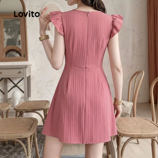 (New Arrival) Lovito เดรสสีชมพูเรียบง่ายแต่งระบายกระดุม เดรสฤดูสปริง/ฤดูร้อนสําหรับผู้หญิง LK7ED1181