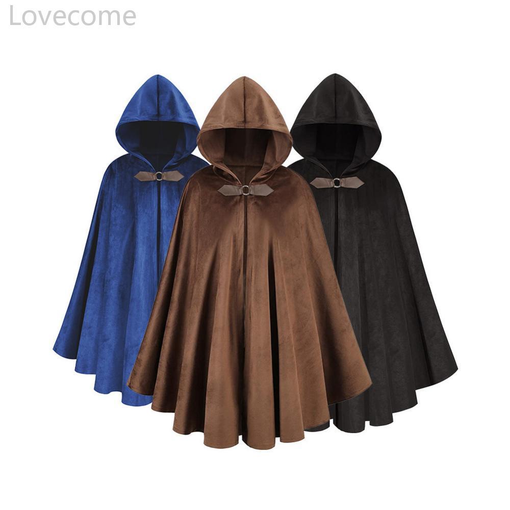 Lovecome เสื้อคลุมมีฮู้ดสําหรับผู้ชายคอสเพลย์ยุคกลาง Cape รอบหัวเข็มขัดโลหะ & สีเขียว Leaf เข็มกลัดส