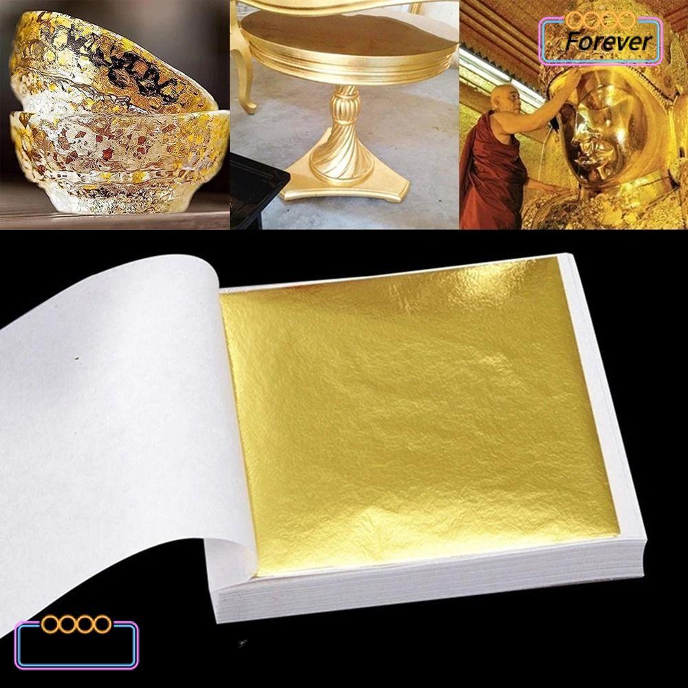 FOREVER 100 แผ่นเลียนแบบซิลเวอร์โกลด์, กระดาษฟอยล์ใบไม้สีทอง 8.5x8 ซม., K Pure Shiny DIY Art Craft ป
