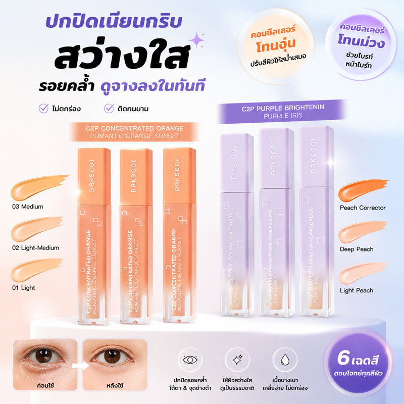 DRKSCOI C2P คอนซีลเลอร์สำหรับผิวกระจ่างใส & สีพีช คอนซีลเลอร์คอเรคเตอร์พีชปกปิดใต้ตาคล้ำใต้ตาไบรท์
