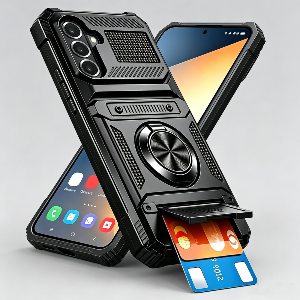 กรณีโทรศัพท์มือถือหนักกันกระแทกพร้อมที่วางและช่องเสียบการ์ด เหมาะสำหรับ Galaxy A18 A17 A27 A37 A57 A16 A26 A36 A56 A15 A35 A55