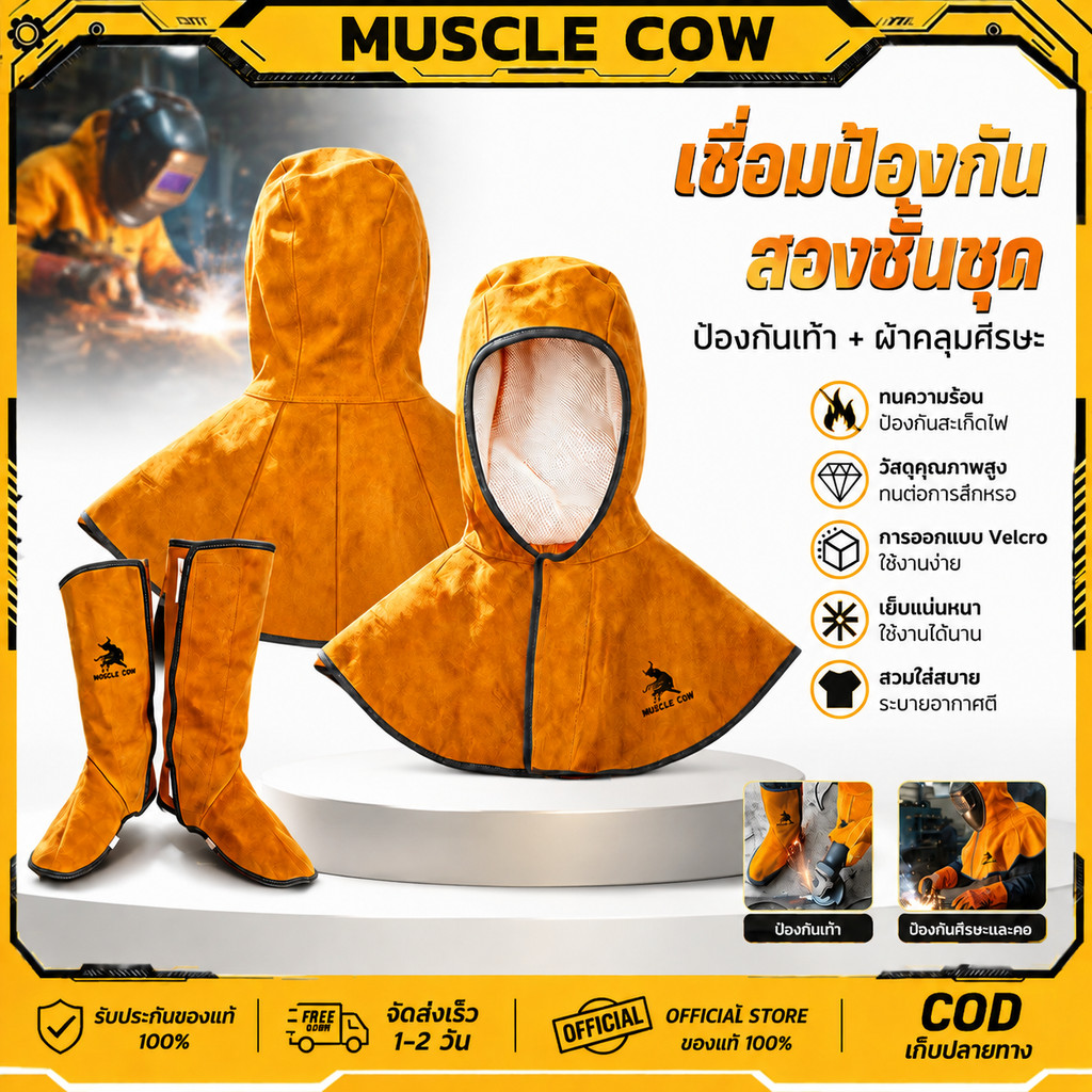 MUSCLE COW หมวกคลุมหัวงานเชื่อมและที่คลุมรองเท้าหนัง สีเหลือง ช่วยกันความร้อนและสะเก็ดไฟ COD