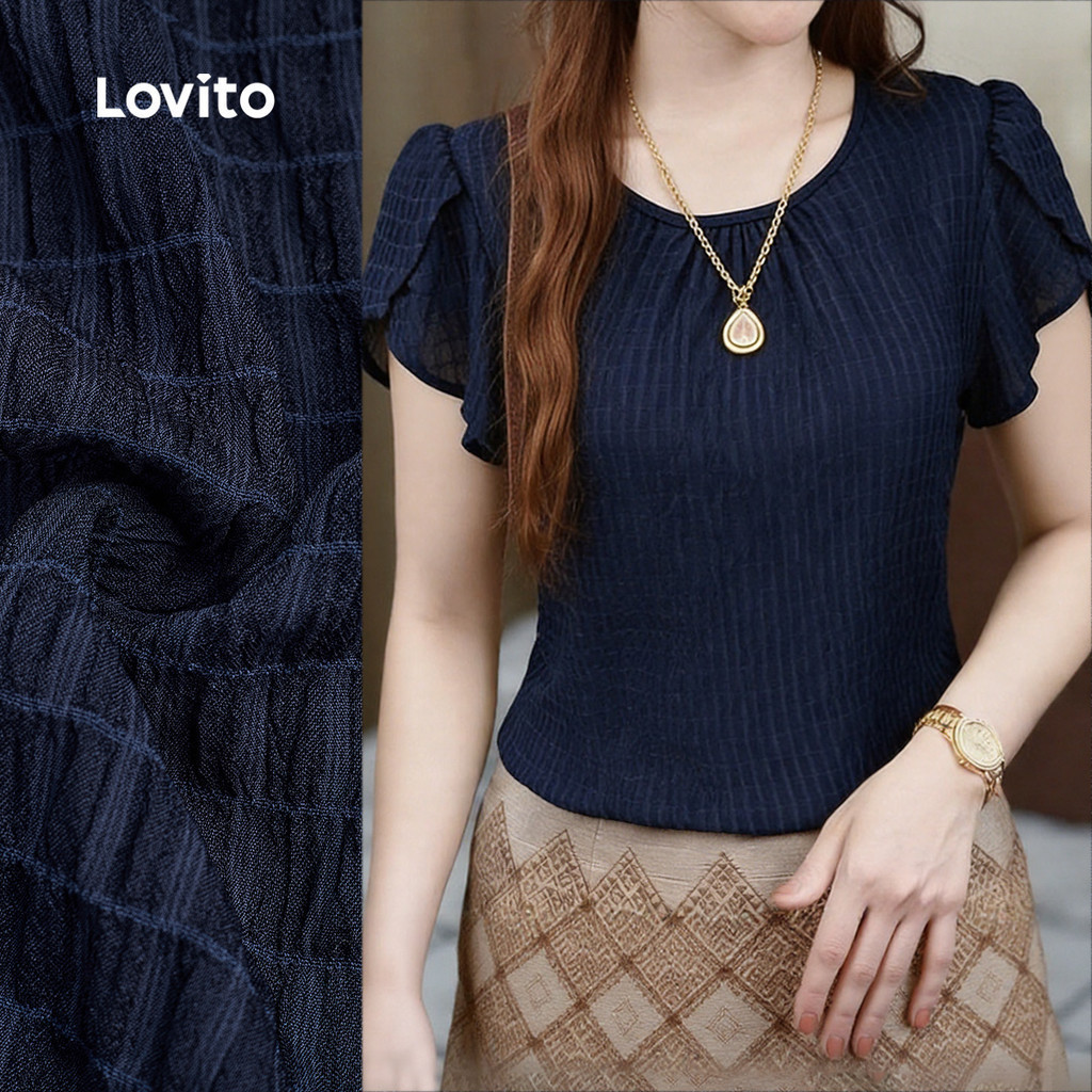 Lovito สง่างาม เสื้อเบลาส์ แต่งระบาย สีน้ําเงินเข้ม สําหรับผู้หญิง ฤดูใบไม้ผลิ/ฤดูร้อน L178LD029