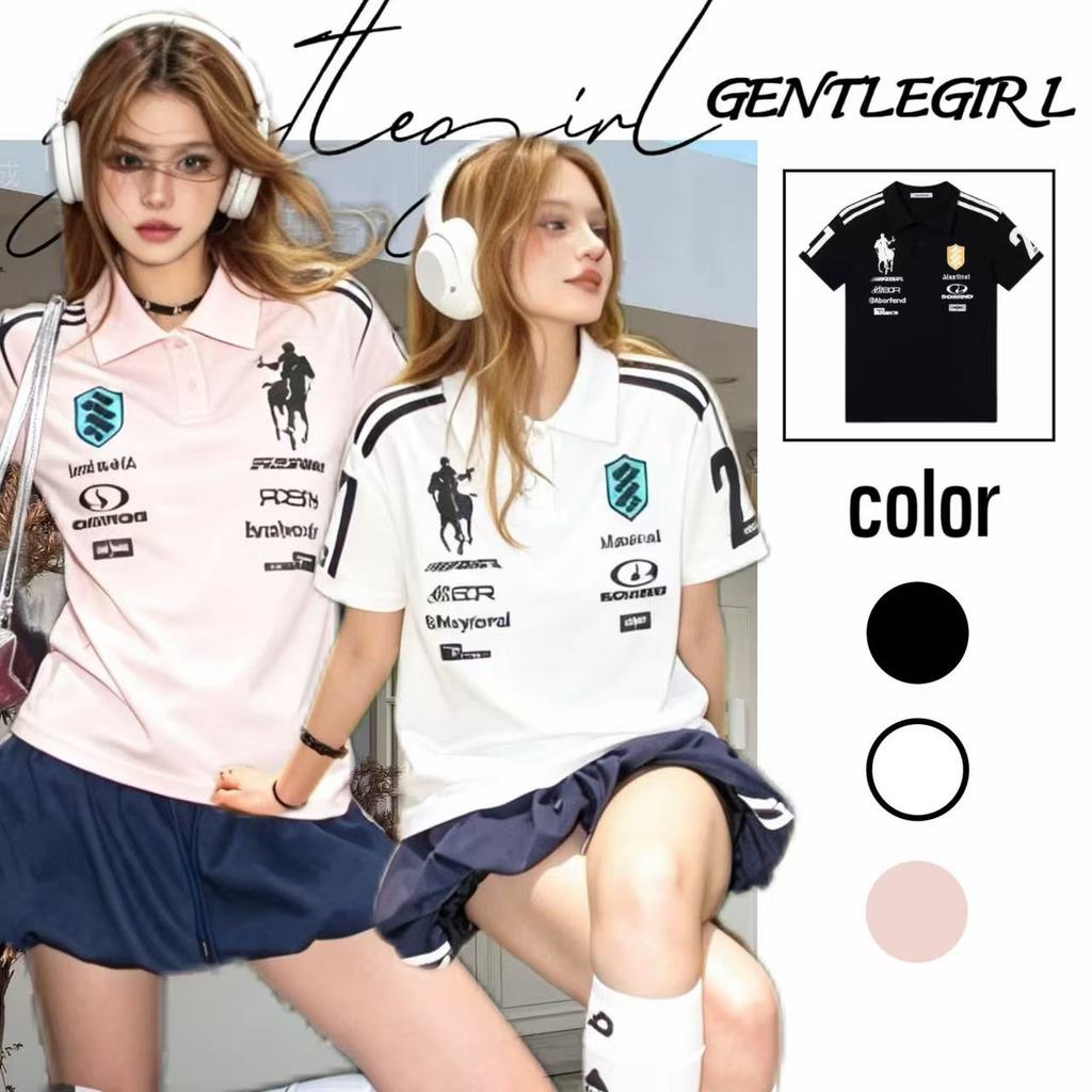 #GG เสื้อโปโลแขนสั้นทรงโอเวอร์ไซส์ สไตล์สปอร์ตแวร์เรโทรแบบอเมริกัน ไหล่ตรง