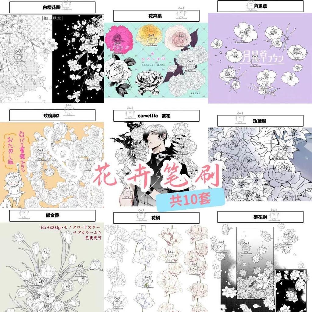 Black White Line Draft Aesthetic Flower procreate แปรง csp [10 ชุด]