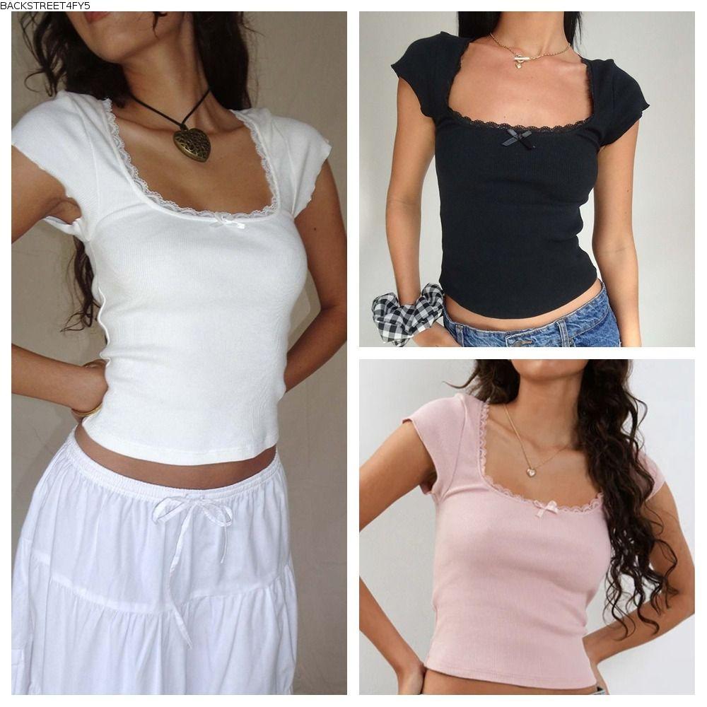 BACKSTAGEEET4FC3 Women Crop Tee,ลูกไม้ตัดคอสี่เหลี่ยมY2K Baby Tee,แฟชั่นSlim Fitแขนสั้นCroความยาวSli